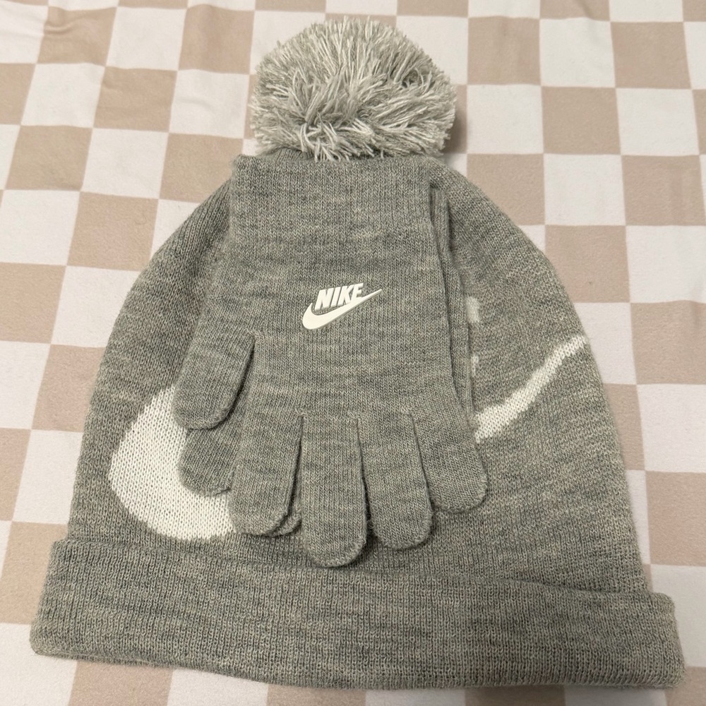 Nike Kids Gray Pom Beanie and Matching Gloves Set